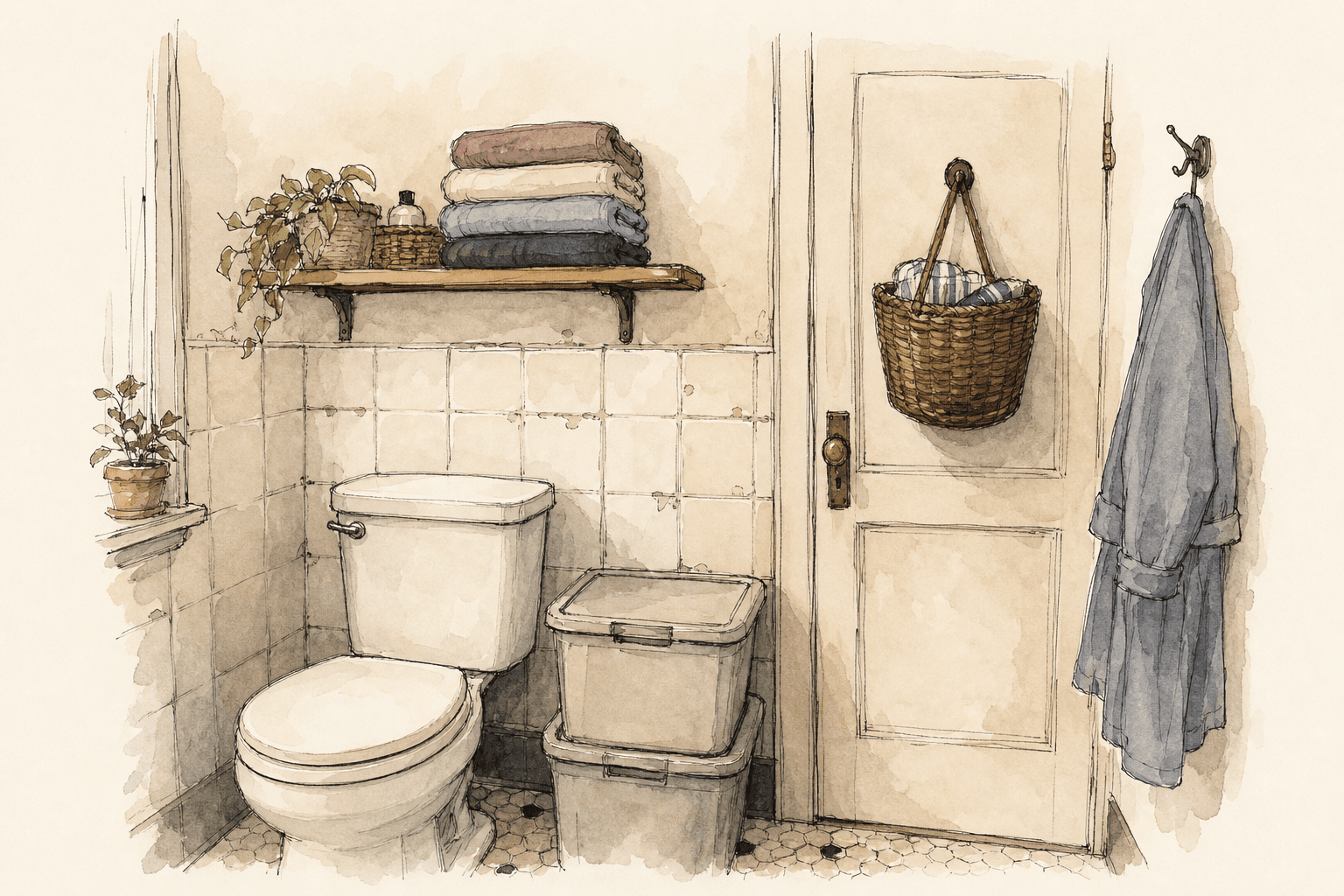 An ink drawing of a small apartment bathroom wall with a shelf, bins, a basket and a hook.